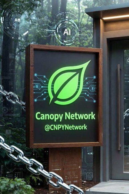 A digital sign in a forest setting displays a green leaf logo and 'Canopy Network @CNPYNetwork' with AI-themed graphics in the background.