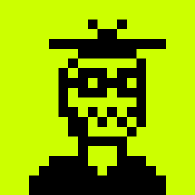 A black pixel-art figure wearing a fedora hat is displayed on a bright yellow-green background, resonating with the post's reference to the OnChainHoodies NFT collection by evoking a hooded or anonymous character aesthetic. The retro 8-bit style image visually represents the kind of collectible NFT artwork that the poster argues Robinhood should feature on its platform.
