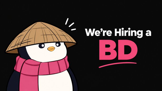 A cartoon penguin wearing a conical straw hat and pink scarf next to the text 'We're Hiring a BD' in white and pink lettering on a black background.