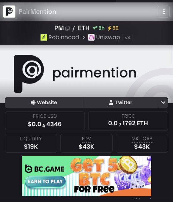 A mobile screenshot showing the PairMention (PM) token trading page with a price of $0.004346 (0.0001792 ETH), $19K liquidity, and $43K market cap, displaying its listing on Robinhood and Uniswap v4—visually confirming the post's announcement that PairMention launched on Robinhood as a unique token pairing platform for X/Twitter accounts and GitHub profiles.