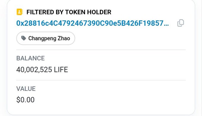 A blockchain token holder record showing address '0x28816c4C4792467390C90e5B426F19857...' linked to 'Changpeng Zhao' holding 40,002,525 LIFE tokens valued at $0.00.