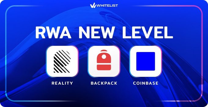 A blue promotional banner titled 'RWA NEW LEVEL' with the 'WHITELIST' logo at the top, featuring icons and labels for 'REALITY', 'BACKPACK', and 'COINBASE' apps.