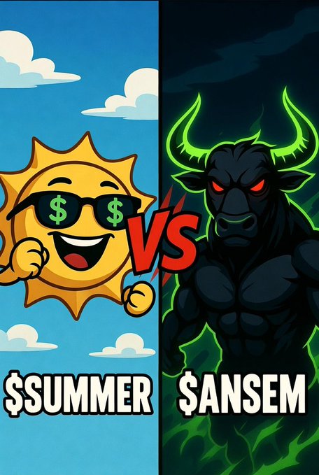 The image depicts a split-screen "VS" battle between a cheerful sun character wearing "$" sunglasses labeled "$SUMMER" against a menacing bull figure with glowing green horns labeled "$ANSEM," symbolizing the competing attention between the two tokens mentioned in the post.