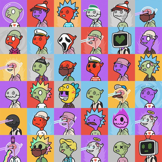A colorful grid of various cartoon character avatars with different designs, hats, and expressions.