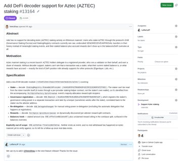 A webpage or blog post titled 'Add DeFi decoder support for Aztec (AZTEC) staking #13164' showing an abstract, motivation, and specification for a coding project.