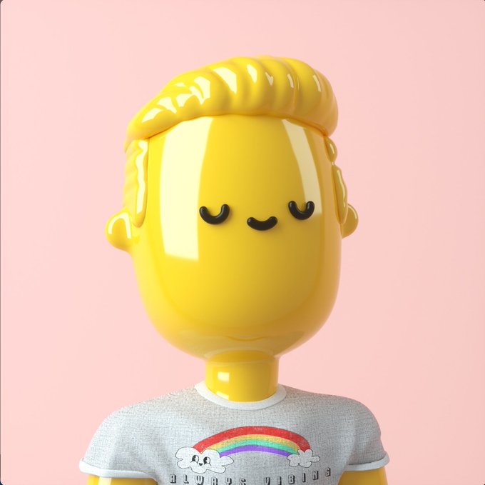 A 3D-rendered yellow cartoon character with closed, smiling eyes and blonde hair wearing a gray t-shirt with a rainbow, clouds, and the text 'CLOUDS NINJA' against a pink background.