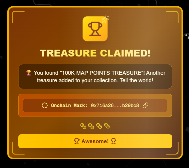 The image shows a screenshot of a post from a treasure hunt game called "Movers Map". The main focus of this post is an achievement, stating that the player has claimed 100K MAP POINTS TREASURE! Another achievement states that this points will be added to their collection. The post also mentions that another treasure is being found in another location: "@movesmap #treasurehunt". Additionally, there's a chatbot named @Onchain Mark on the game's Facebook page and a social media account called "@MoversMap #Web3".