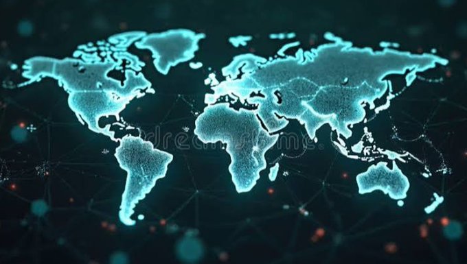 A glowing digital world map in cyan blue against a dark background, showing the continents of North America, South America, Europe, Africa, Asia, and Australia connected by network lines.