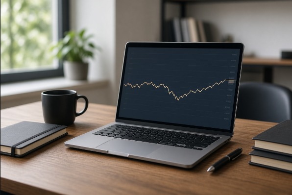 A silver laptop on a wooden desk displays a declining line graph on its screen, accompanied by a black coffee mug, notebooks, and a pen in a bright room.
