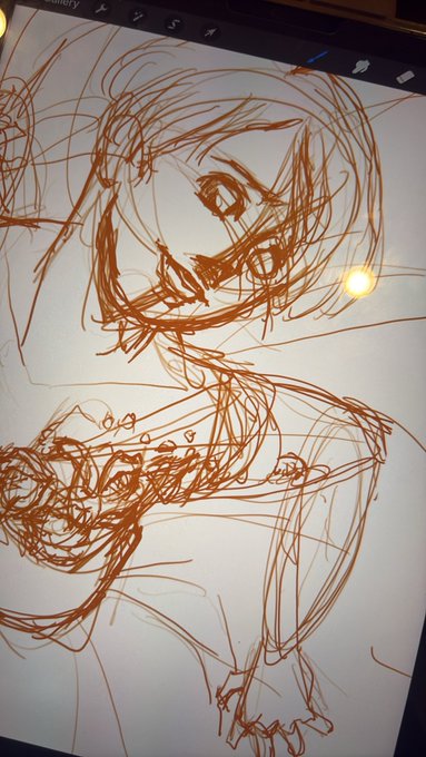 A rough digital sketch on a tablet screen depicting an anime-style character with messy brown lines.