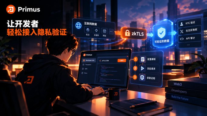 A Primus developer privacy-verification advertisement shows a programmer at a laptop with Chinese and English interface text including “让开发者 轻松接入隐私验证,” “zkTLS,” “Web3 Developers,” and “Build the Future.”