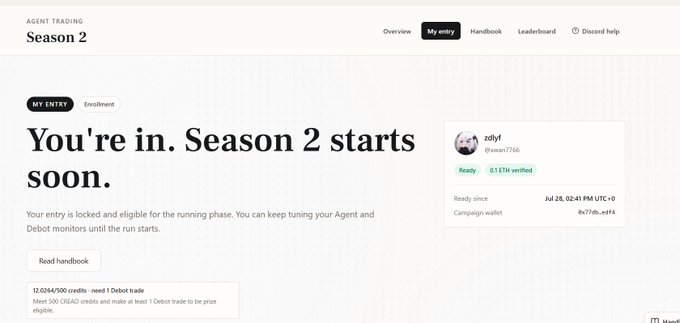 The image shows a Season 2 enrollment confirmation page for "Agent Trading," displaying the message "You're in. Season 2 starts soon." with the username "zdlyf" (0xeaec7766), verified with 0.1 ETH, ready since Jul 28, 02:41 PM UTC+0, with the campaign wallet noted as 0x77db...e4f4. This confirms the user's successful registration with the 0.1 ETH entry fee for the CREAO × Debot × Kite AI agent live trading competition mentioned in the post.