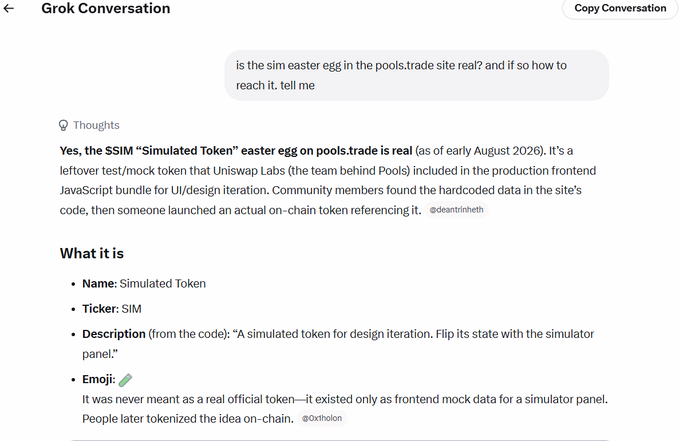 A Grok conversation answering whether the SIM easter egg on pools.trade is real, confirming it as a 'Simulated Token' (ticker SIM) with the pencil emoji ✏️, describing it as frontend mock data for a Uniswap Labs simulator panel that was later tokenized on-chain.