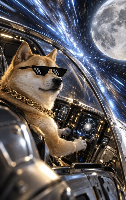 A Shiba Inu dog wearing pixelated sunglasses and a gold chain pilots a spacecraft cockpit with the moon and starfield visible through the window.