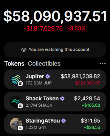 A cryptocurrency portfolio dashboard showing total value of $58,090,937.51, down $1,817,629.76 (-3.03%), featuring Jupiter, Shack Token, and StaringAtYou holdings.