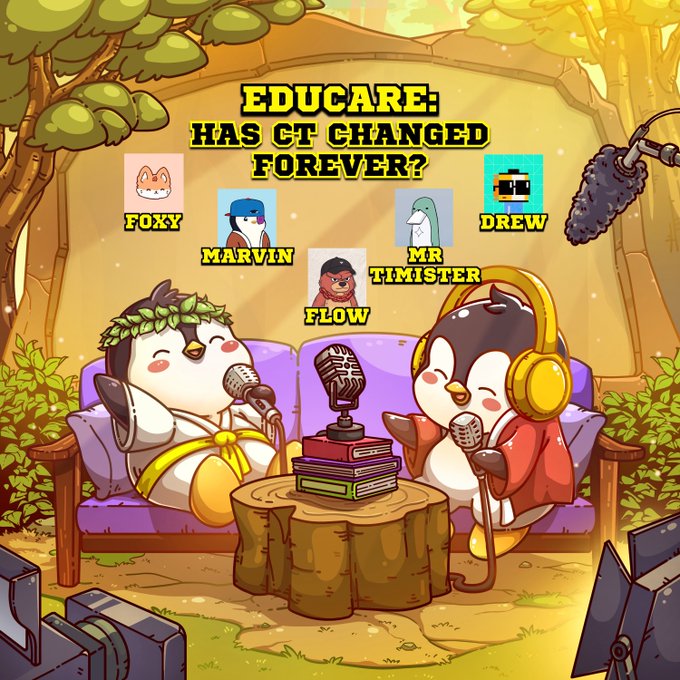 A promotional graphic for a podcast titled 'EDUCARE: HAS CT CHANGED FOREVER?' featuring cartoon penguin hosts and guest avatars for Foxy, Marvin, Flow, Mr. Timister, and Drew.