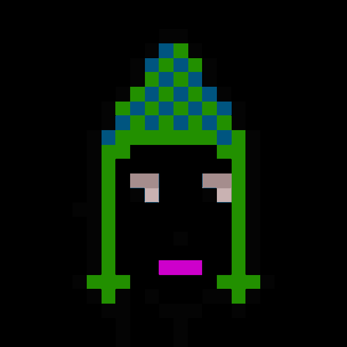 A pixel-art portrait of a character with a blue and green checkered hat, green hair/frame, and pink lips against a black background.