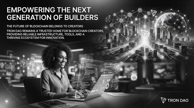 A black-and-white promotional graphic for TRON DAO with the headline 'EMPOWERING THE NEXT GENERATION OF BUILDERS,' featuring a smiling woman working at a computer with glowing blockchain and Tron logo graphics overlaid.