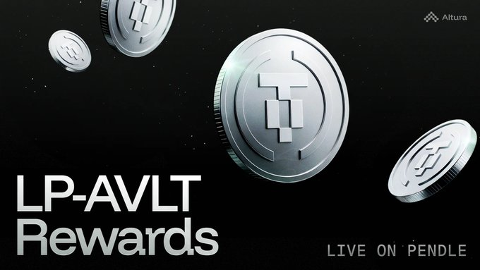 The image features a black background with several silver coins floating around it. The text "LP-AVLT" is written above the coins, while "Live On Pendle" is below them. The coins are scattered throughout the image, creating an interesting visual effect. The caption of the image reads "Altura has fully migrated to the new LP-AVLT pool on @pendle_fi ." and it also mentions that 10,000 US dollars will be distributed as rewards for those who participate in the new LP-AVLT pool starting today.