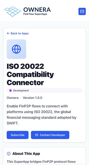 A screenshot from the OWNERA app store page displaying the "ISO 20022 Compatibility Connector" SuperApp, which enables FinP2P flows to connect with platforms using the ISO 20022 messaging standard adopted by SWIFT.