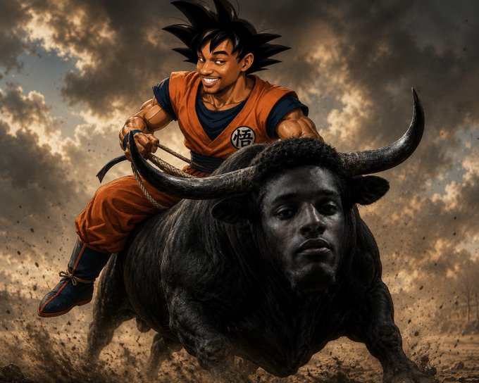 Digital artwork depicting Goku from Dragon Ball Z in his signature orange gi riding on the back of a massive, dark, horned bull running through a dusty landscape under a cloudy sky.