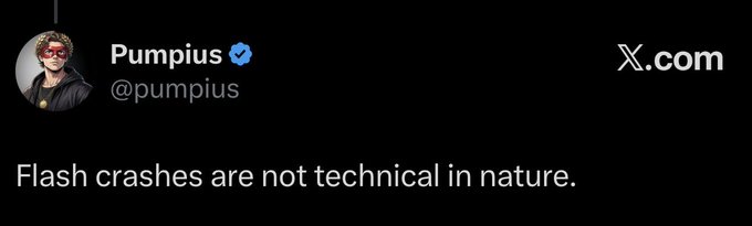 A tweet from verified user @pumpius reading 'Flash crashes are not technical in nature.'