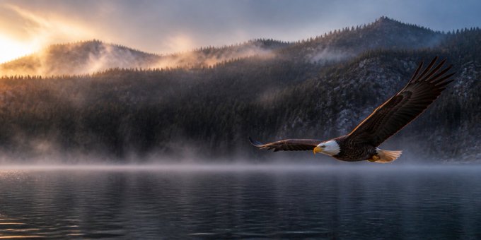 A bald eagle soars over a misty lake at sunset, with forested mountains in the background.