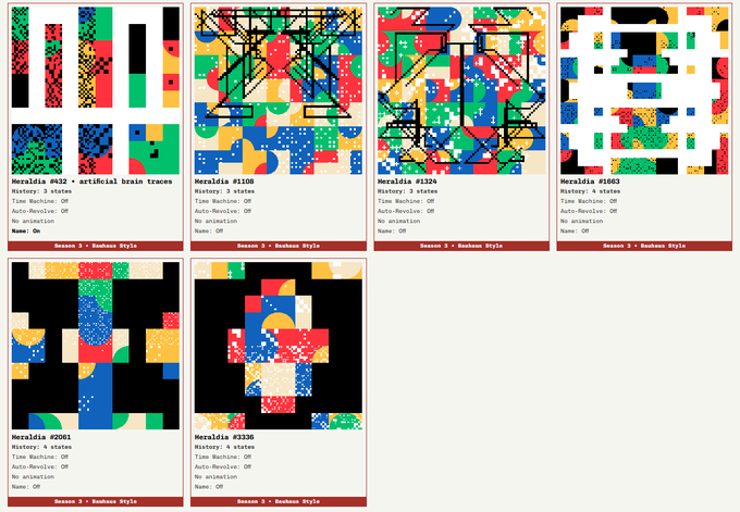 Six Heraclia brain trace art pieces from Season 3, displayed in Bauhaus style with different states and time machine variations.