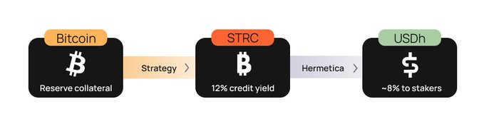 A diagram showing a flow from 'Bitcoin' (Reserve collateral) through 'STRC' (12% credit yield) via 'Strategy', to 'USDh' (~8% to stakers) via 'Hermetica'.