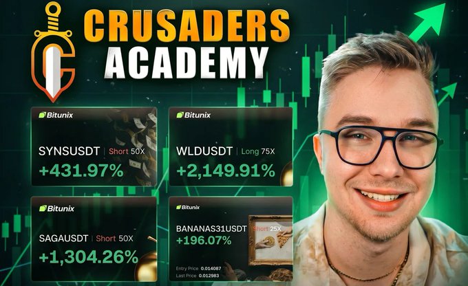 The image features a man wearing glasses, smiling for the camera while standing against a green background with white text that reads "CRUSADERS Academy". The man appears to be promoting a cryptocurrency called Bitcoin Cash or Bitcoin Cash Cash, which has been described as a "digital gold" by some users. The post also mentions that the man is a member of the Knights Templar Organization and has made millions from trading Bitcoin Cash.