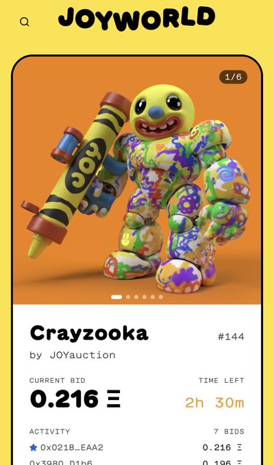 A mobile screenshot from JOYWORLD showing a digital collectible auction for 'Crayzooka #144' by JOYauction with a current bid of 0.216 and 2h 30m left.