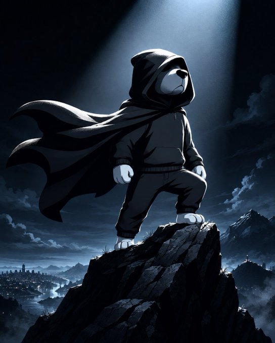 A dramatic black and white illustration of a hooded bear wearing a flowing cape, standing heroically atop a rocky cliff with a city landscape below.