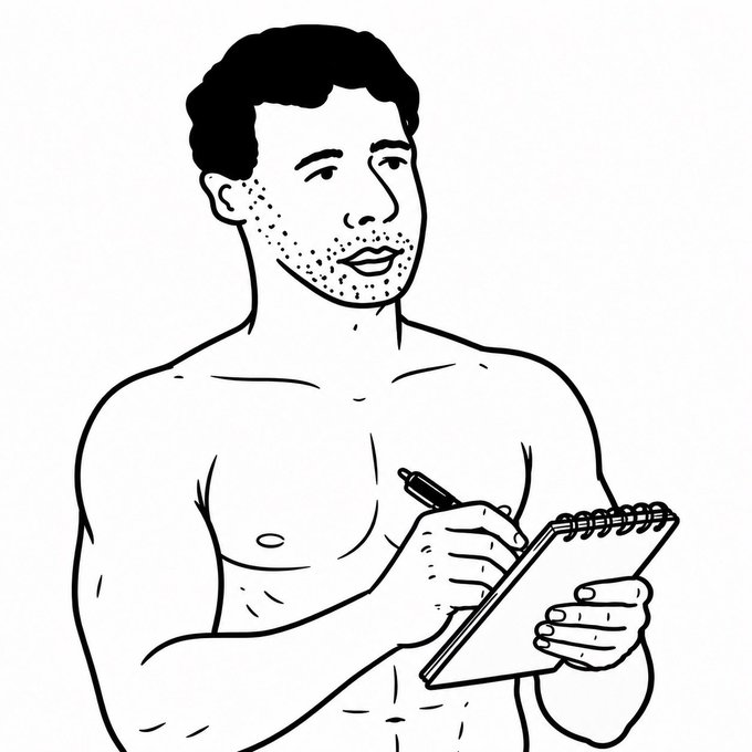 A black-and-white line drawing shows a shirtless, bearded man holding a pen and notepad, appearing thoughtful as he looks off to the side—suggesting reflection or note-taking. The image pairs with the post's message about low Sunday turnout in web3, implying a quiet, introspective moment where one might consider why engagement drops on weekends.