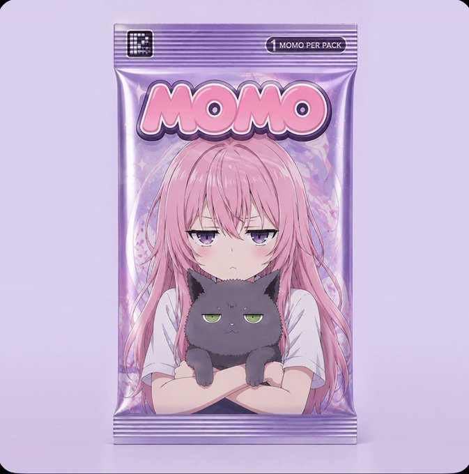 An anime-style product packaging labeled "MOMO" featuring a pink-haired character holding a grumpy black cat, with "1 MOMO PER PACK" text at the top. The post expresses gratitude to @momoyumemi for creating the design and @ZaxWeb3 for granting a whitelist spot, suggesting the creator is sharing their minted NFT collectible.