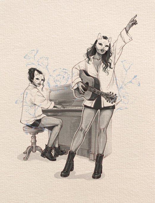 A black and white pencil illustration of two women wearing cat masks—one playing piano seated, and one standing with an acoustic guitar, pointing upward—dressed in casual attire with boots.