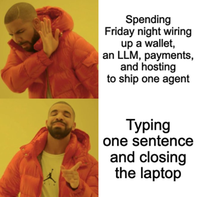 The image is a Drake meme in two panels, with text reading "Spending Friday night wiring up a wallet, an LLM, payments, and hosting to ship one agent" (Drake rejecting) versus "Typing one sentence and closing the laptop" (Drake approving). It humorously illustrates the post's point about how BNB Agent Studio simplifies building AI agents, reducing the process from a complex multi-component setup to a single prompt.