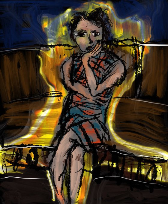 An expressive digital painting of a seated figure with dark hair, rendered in loose, sketchy strokes with a yellow-gold glowing background.