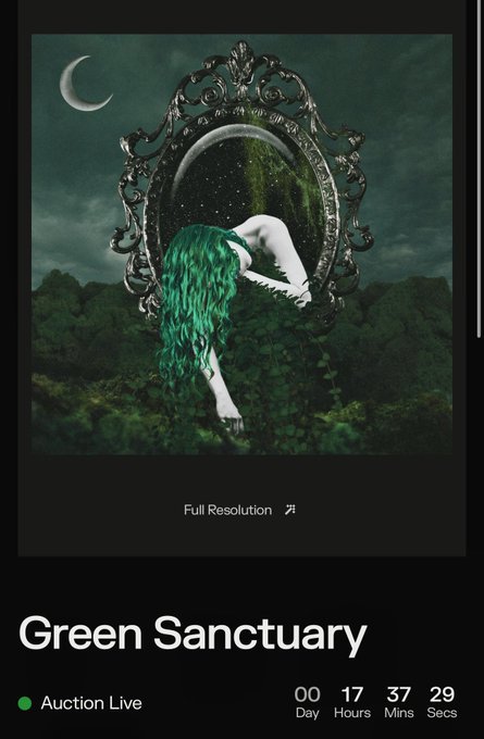 The image shows an album cover for "Green Sanctuary" by a band called The Green Angels, which features a woman with green hair wearing a white dress standing in front of a mirror surrounded by trees. The album has already been auctioned off, as indicated by the text at the bottom of the image that reads: 
"Auction Live! 𓇢𓆸 Some works stay with me longer than others. This one found its person today. Huge thank you to @Sneketoshi Still feels a little surreal."