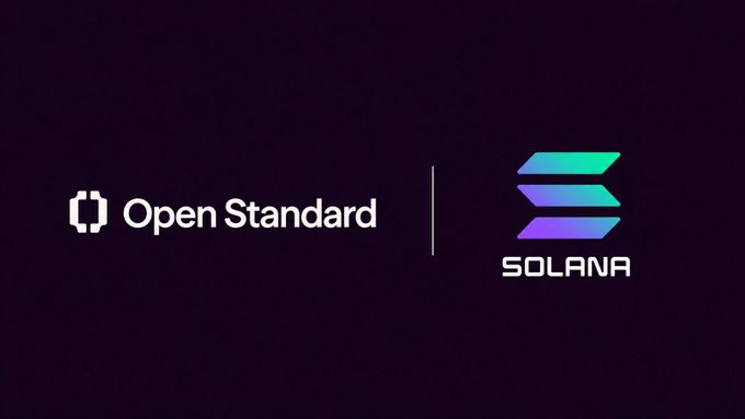 Dark-themed partnership graphic showing the Open Standard logo alongside the Solana logo, indicating a collaboration between the two.