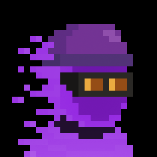A pixel art sprite of a purple ninja character from a video game with golden eyes.
