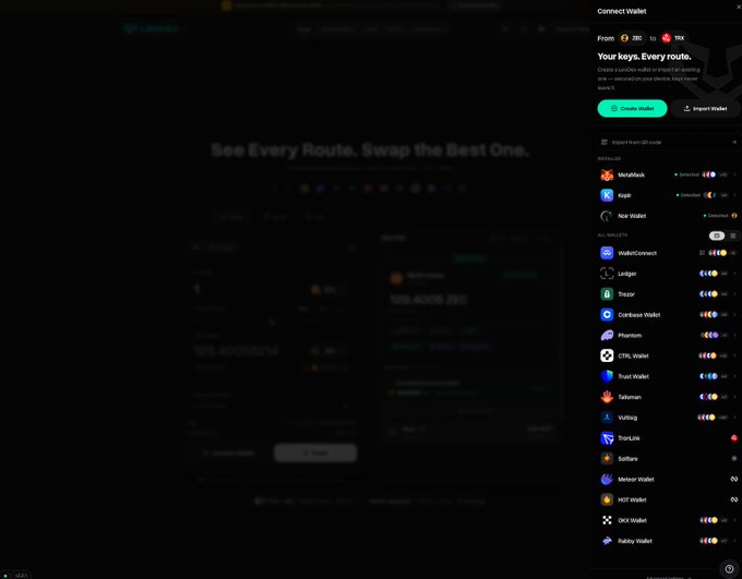 A 'Connect Wallet' modal displaying various wallet options including MetaMask, Coinbase Wallet, Ledger, Trezor, and Trust Wallet, set against a dark swap interface background.