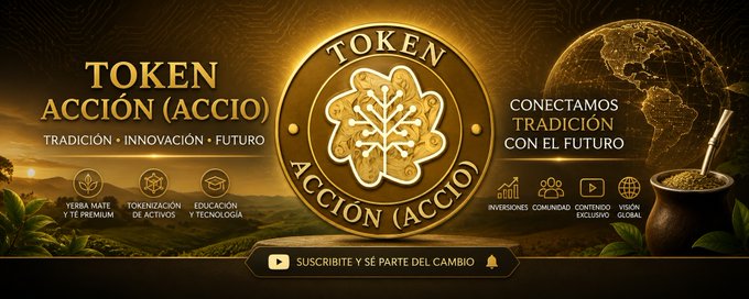 A promotional banner for 'Token Acción (ACCIO)' – Tradición, Innovación, Futuro – highlighting yerba mate, tokenization of assets, education and technology, with a golden token graphic and a call to subscribe.
