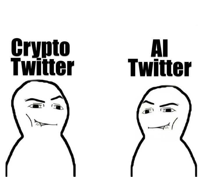 A meme image showing two identical smug-looking cartoon characters, one labeled 'Crypto Twitter' and the other 'AI Twitter'.