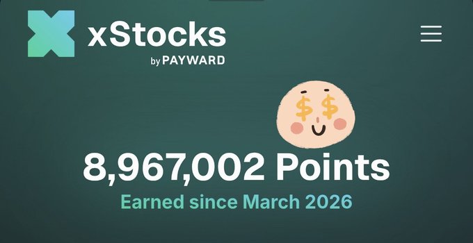 A webpage or app screenshot for "xStocks by PAYWARD" displaying a smiling money emoji and the text "8,967,002 Points Earned since March 2026".