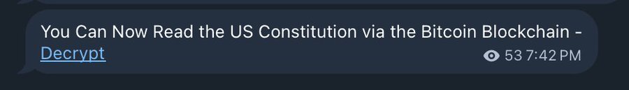 In the image, there are two texts posted side by side with a brown background. One of them reads "You can now read the US Constitution via the Bitcoin Blockchain". The other text appears to be an explanation or description related to the main topic being discussed in the image. The overall composition suggests that these texts might be part of some information or discussion about the relationship between the U.S. Constitution and cryptocurrency, specifically Bitcoin.