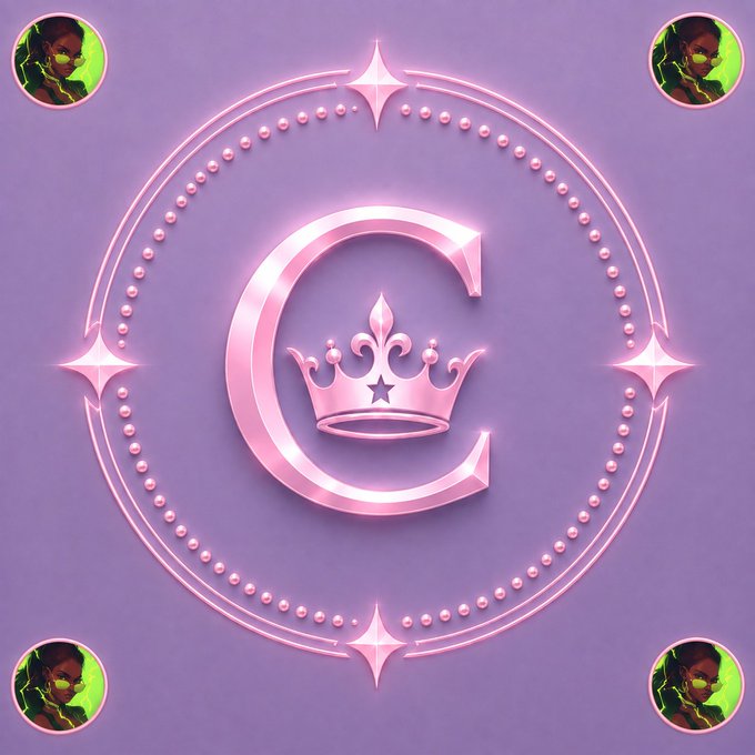 A decorative purple/pink digital artwork featuring a metallic 'C' with a crown in the center, surrounded by a beaded circular border and four character portraits in the corners.