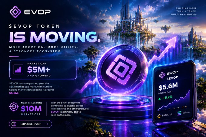 A promotional graphic for '$EVOP TOKEN' on the Solana blockchain, highlighting a $5.6M market cap, with fantasy castle imagery and the tagline 'IS MOVING. MORE ADOPTION. MORE UTILITY. A STRONGER ECOSYSTEM.'