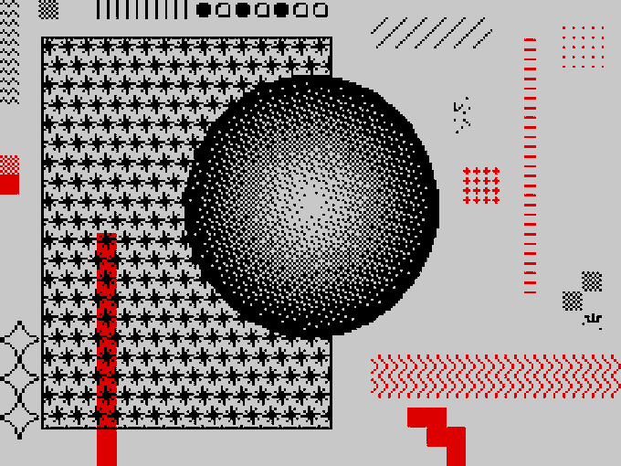 An abstract graphic design featuring a halftone sphere over a star-patterned rectangle, surrounded by red geometric accents and shapes on a gray background.