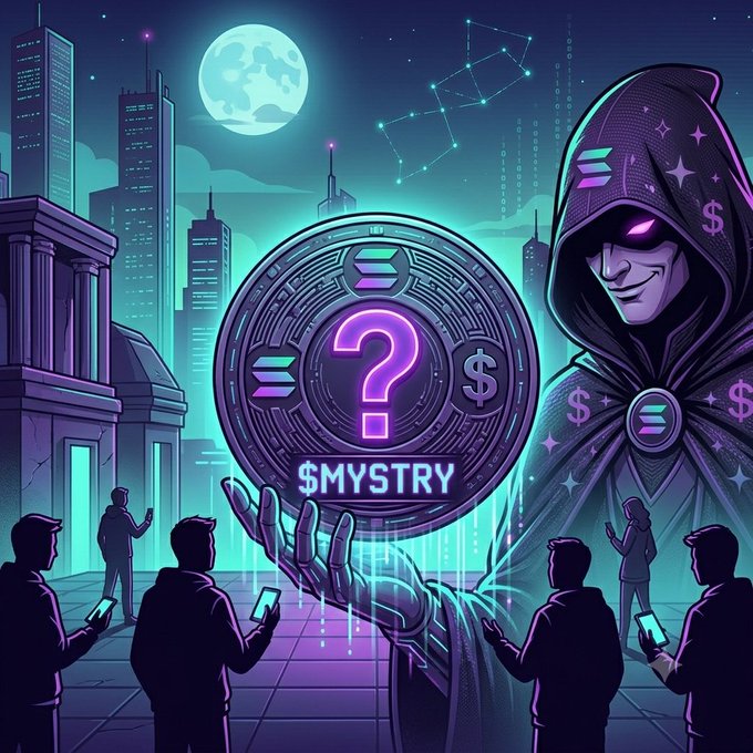 A neon-colored digital illustration featuring a mysterious hooded figure beside a large coin labeled '$MYSTRY', with silhouetted people holding phones and a glowing moon in the background.