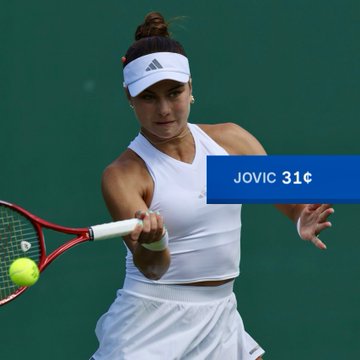 A female tennis player in a white Adidas outfit and white visor hitting a forehand shot with a red and white racket; an on-screen graphic reads 'JOVIC 31¢'.
